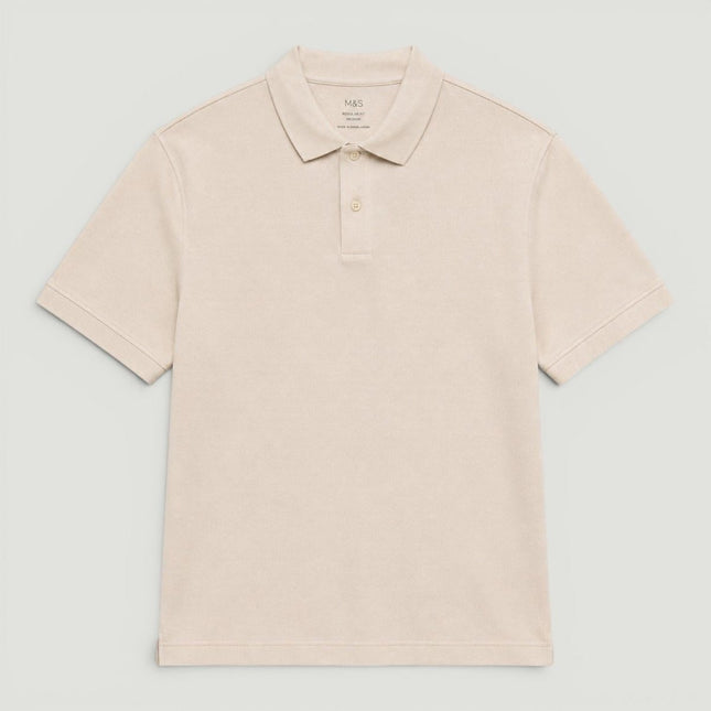 M&S Stone Pure Cotton Garment Dyed Polo Shirt Relaxed Fit - Quality Brands Outlet