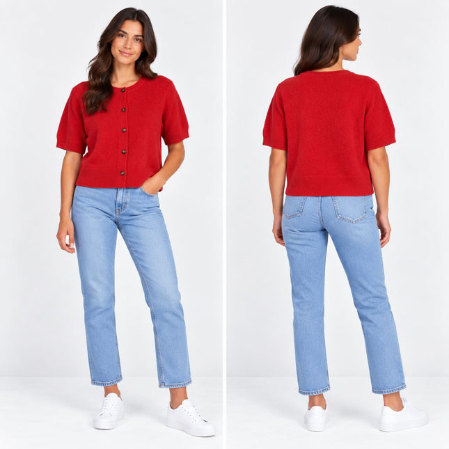 Womens Knit Tops Red Fluffy Short Sleeve Cardigan-Quality Brands Outlet-