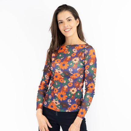 Karen Millen Orange Floral Boat Neck Long Sleeve Tops-Quality Brands Outlet-