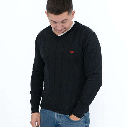 Crew Clothing Mens Jumper Black V-Neck Ribbed Long Sleeve Organic Cotton