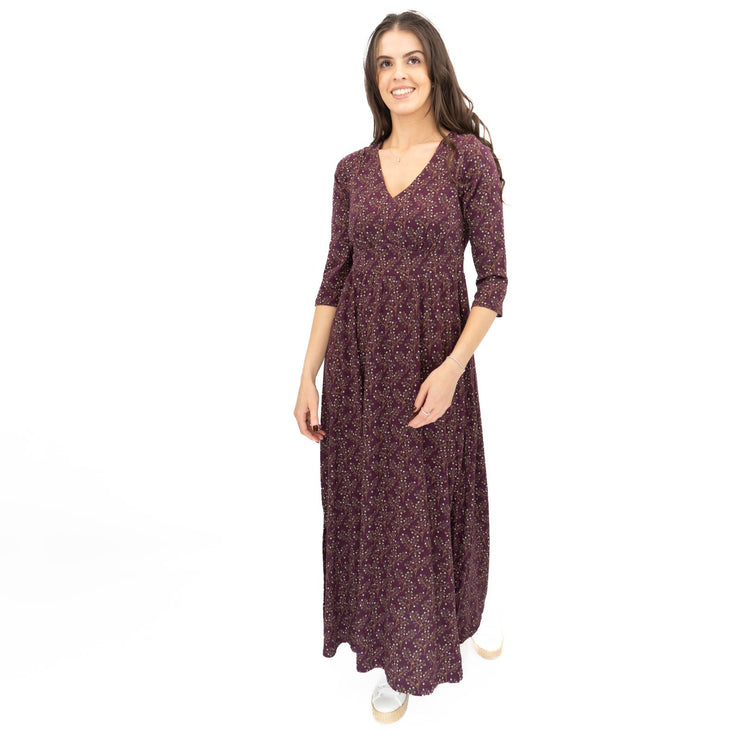 Seasalt Maggie Maxi Dress Purple Floral Cotton 3/4 Sleeve - Quality Brands Outlet