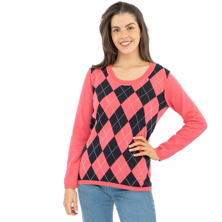 Lucy Argyle Jumper Pink Diamond Intarsia Long Sleeve Tops - Quality Brands Outlet