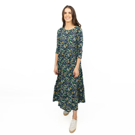 Seasalt Navy Floral Dress Tiered Line Strokes Midi Short Sleeve - Quality Brands Outlet