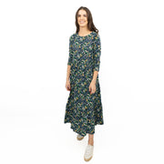 Seasalt Navy Floral Dress Tiered Line Strokes Midi Short Sleeve - Quality Brands Outlet