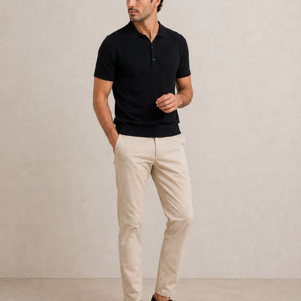 Massimo Dutti Men Classic Knitted Linen Blend Polo Shirt 3 Button Black