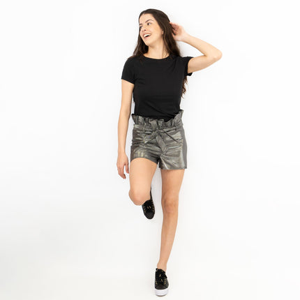 I Saw It First Silver Grey Sparkle Paperbag Style Shorts-Quality Brands Outlet-