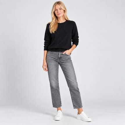 Womens Jumpers Cotton Crew Neck Knit Tops - Black