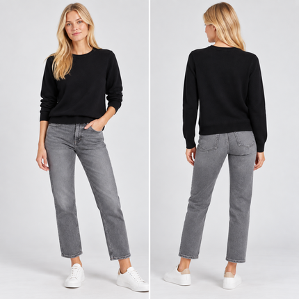 Womens Jumpers Cotton Crew Neck Knit Tops - Black