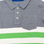 Mini Boden Boys Grey Green Stripe Short Sleeve Polo Shirt