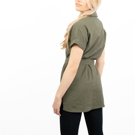 Khaki Green Short Sleeve Longline Shirts Utility Style Women's Tops-Quality Brands Outlet-