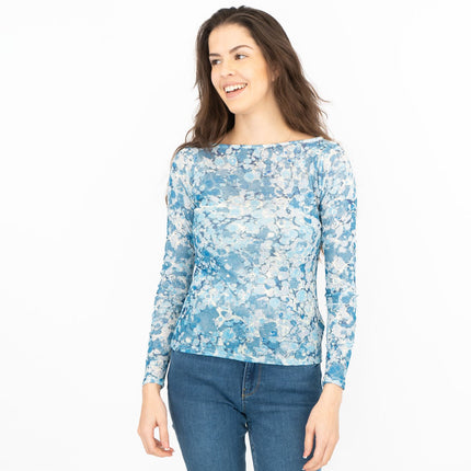 Karen Millen Long Sleeve Boat Neck Blue Abstract Tops-Quality Brands Outlet-