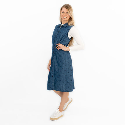 Blue Denim Shirt Dress Sleeveless Collar Button Through Women's Midi Dress-Quality Brands Outlet-