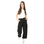 M&S Per Una Cargo Trousers Summer Linen Lyocell Blend Black Wide Leg with Drawstring - Quality Brands Outlet