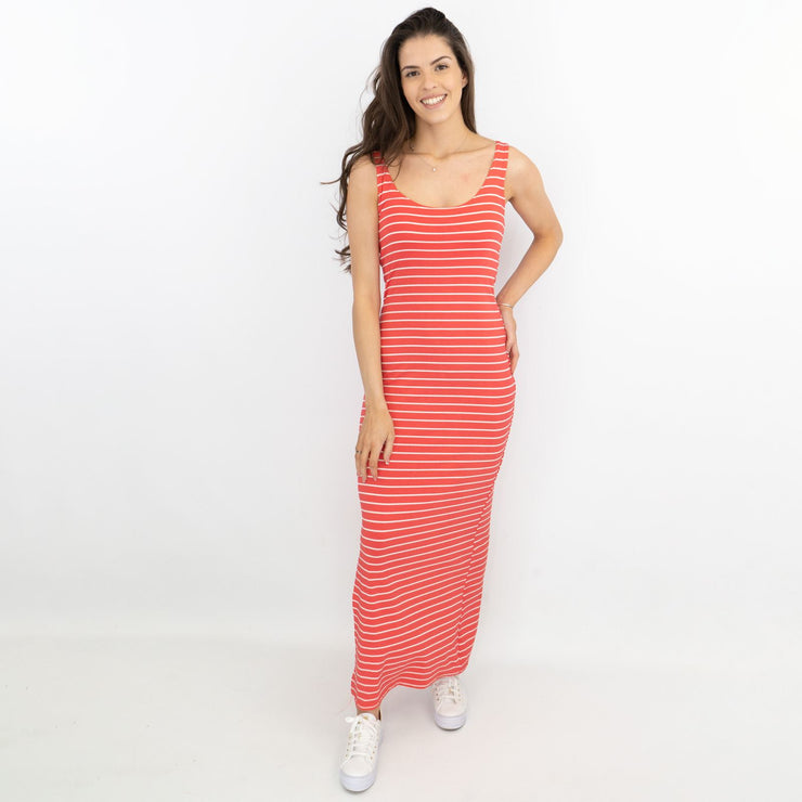 Karen Millen Red Stripe Scoop Neck Sleeveless Stretchy Maxi Long Slit Dresses