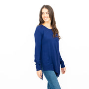 Evans Womens Asymmetric Top Blue Longline Crew Neck Long Sleeve Relaxed Fit - Quality Brands Outlet