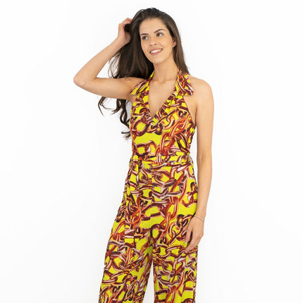 Karen Millen Yellow Gold Chain Print Sleeveless Wide Leg Stretchy Collared Jumpsuits-Quality Brands Outlet-