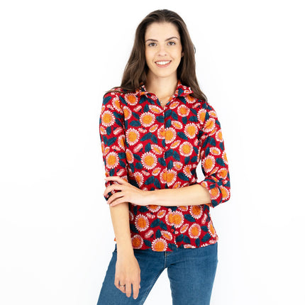 Seasalt Larissa Red Daisies Shirt Long Sleeve Cotton Button-Up Tops-Quality Brands Outlet-