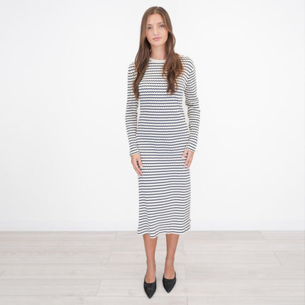 M&S Ecru Cream Striped Midi Dress-Quality Brands Outlet-