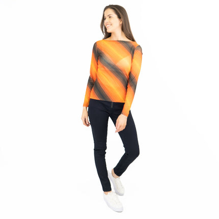 Karen Millen Orange Striped Long Sleeve Mesh Tops-Quality Brands Outlet-