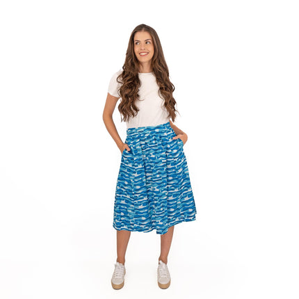 Seasalt Blue Waves Flare Midi Skirts with Pockets-Quality Brands Outlet-