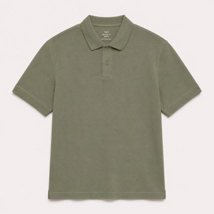 M&S Green Pure Cotton Garment Dyed Polo Shirt Relaxed Fit - Quality Brands Outlet