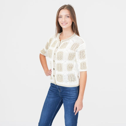 M&S Gold Crochet Cardigan Granny Square Short Sleeve-Quality Brands Outlet-