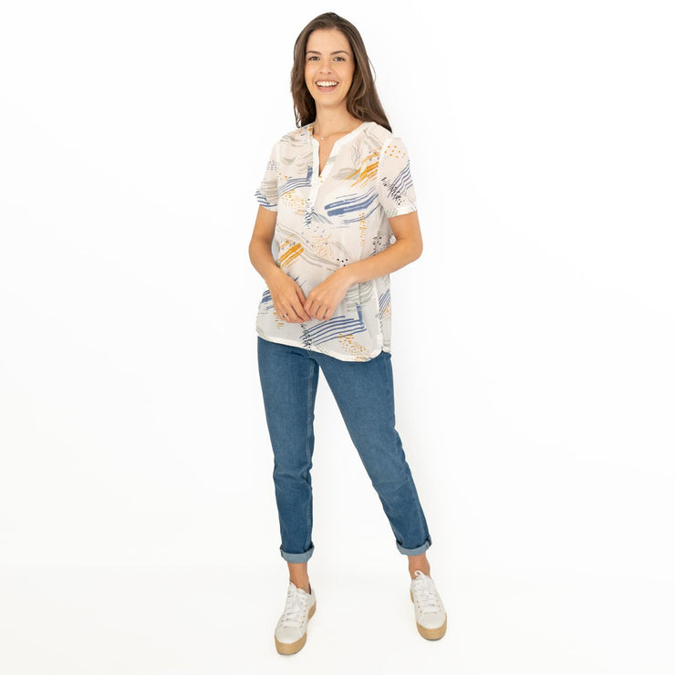 Seasalt Cornwall Dancing Light White Abstract Print Short Sleeve Lightweight Summer Blouse Tops - Quality Brands Outlet