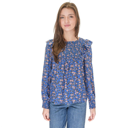 White Stuff Sylvie Top Blue Floral Print Elasticated Crew Neck Long Sleeve - Quality Brands Outlet