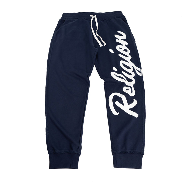 True Religion Mens Joggers Navy Blue Printed Logo on Leg
