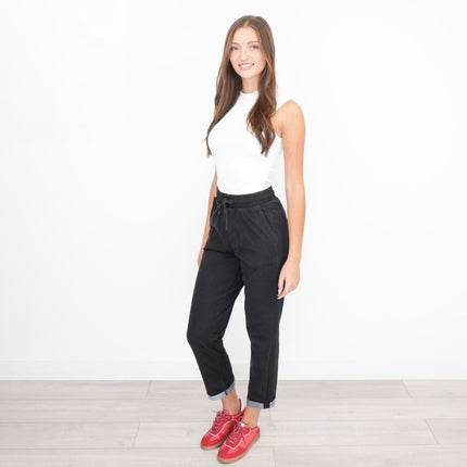 M&S Elasticated Waist Denim Crop Jeans Jogger Black-Quality Brands Outlet-