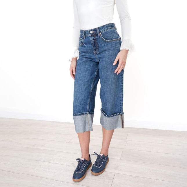 Next Crop Turn Up Jeans Wide Leg Mid - Blue Denim - Quality Brands Outlet