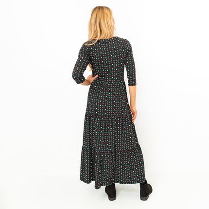 Seasalt Black Floral Line Strokes Midi Tiered Dress 3/4 Sleeve-Quality Brands Outlet-