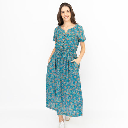 Seasalt Teal True Note Painted Rose Midi Dress-Quality Brands Outlet-