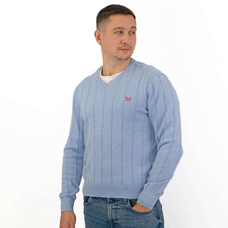 Crew Clothing Mens Jumper Blue V-Neck Ribbed Long Sleeve Organic Cotton