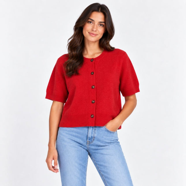Womens Knit Tops Red Fluffy Short Sleeve Cardigan-Quality Brands Outlet-