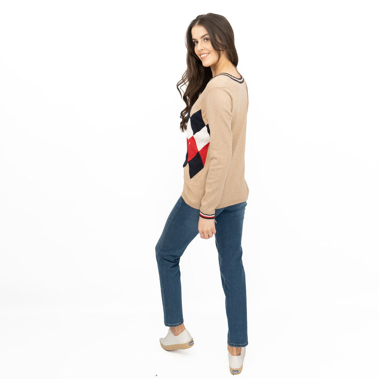 Lucy Argyle Jumper Beige Diamond Intarsia Long Sleeve Tops - Quality Brands Outlet