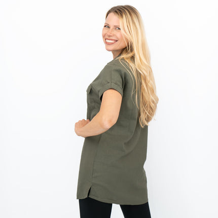 Womens Linen Tunic Khaki Green Short Sleeve Shirts-Quality Brands Outlet-