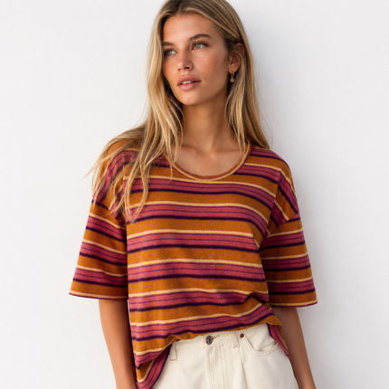 Brown Stripe Linen Modal Blend Scoop Neck T-Shirt