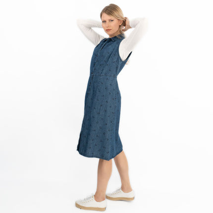 Blue Denim Shirt Dress Sleeveless Collar Button Through Women's Midi Dress-Quality Brands Outlet-