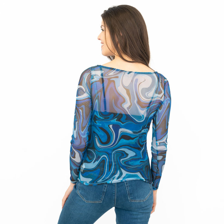 Karen Millen Blue Abstract Print Long Sleeve Mesh Tops