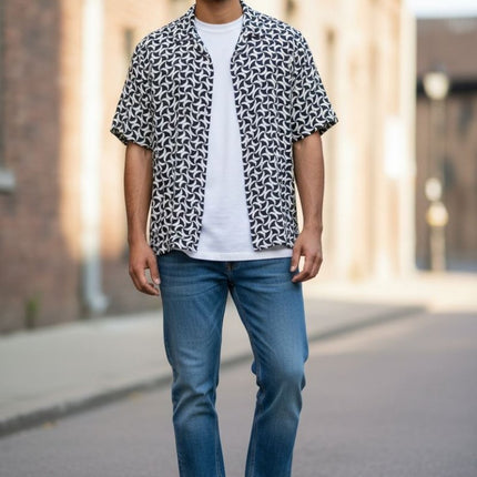 Mens Shirts Short Sleeve Navy Geo Print - Quality Brands Outlet