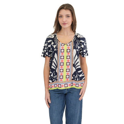 White Stuff Imogen Short Sleeve Top Navy Print Lightweight Summer - Quality Brands Outlet