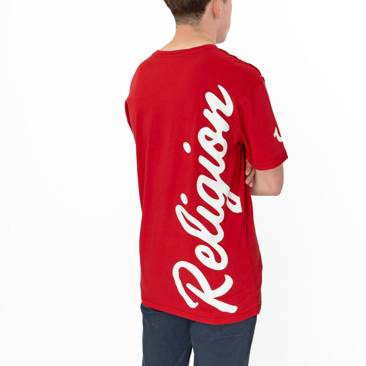 True Religion Men Red V-Neck Logo Print T-Shirt Short Sleeve Casual Cotton Tops