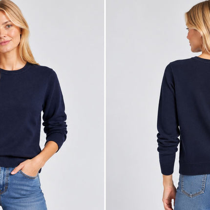 Womens Jumpers Cotton Crew Neck Knit Tops - Navy