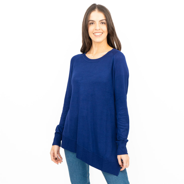 Evans Womens Asymmetric Top Blue Longline Crew Neck Long Sleeve Relaxed Fit - Quality Brands Outlet