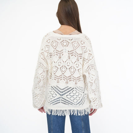 M&S Knitted V-Neck Fringe Cropped Cardigan Boho-Chic Natural Ivory-Quality Brands Outlet-