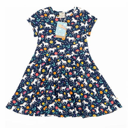 Frugi Baby Girls Dress Skater Indigo Navy Wild Horses Pretty Cotton Short Sleeve - Quality Brands Outlet