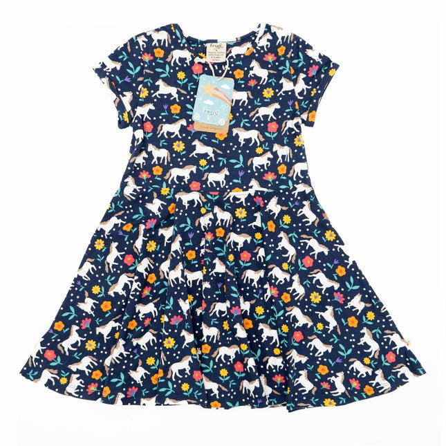 Frugi Baby Girls Dress Skater Indigo Navy Wild Horses Pretty Cotton Short Sleeve - Quality Brands Outlet