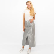 M&S Silver Denim Foil Shimmer Metallic Maxi Skirt Split - Quality Brands Outlet