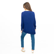 Evans Womens Asymmetric Top Blue Longline Crew Neck Long Sleeve Relaxed Fit - Quality Brands Outlet